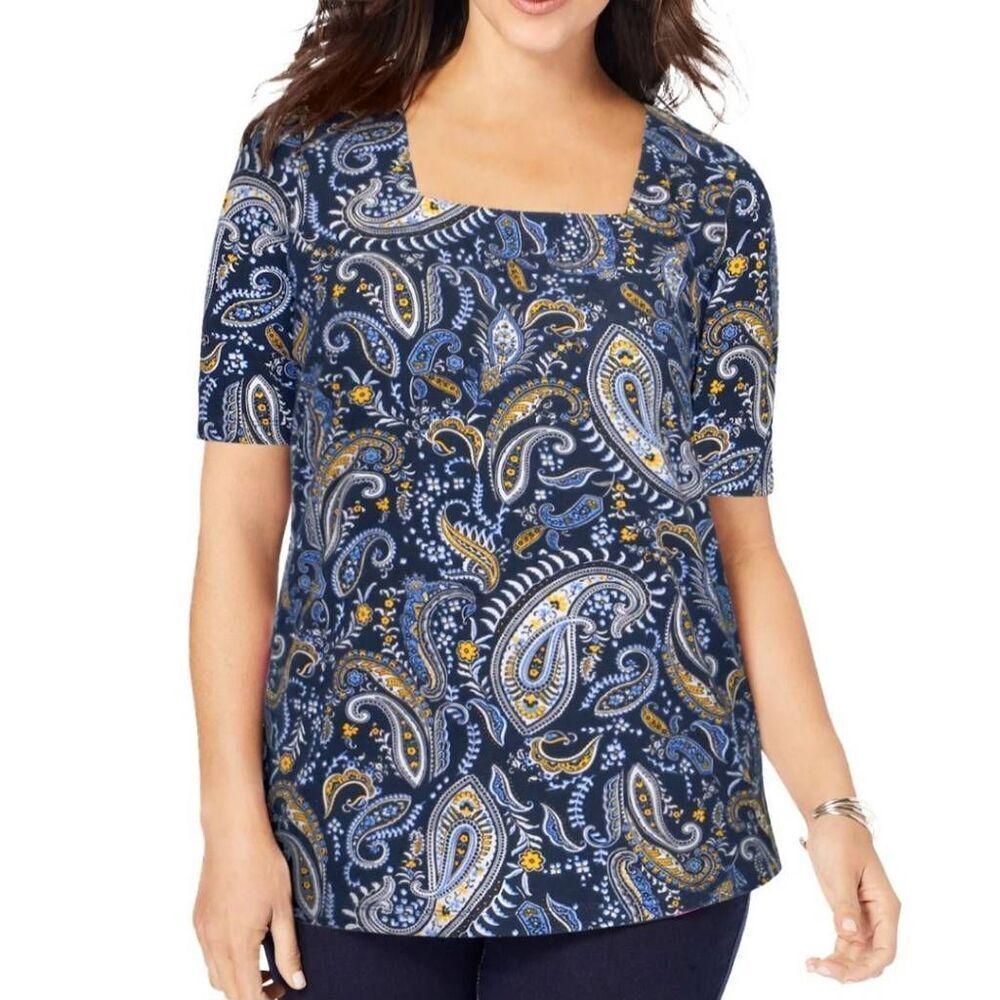 Paisley blue square neck‎ short sleeved top 26/28 maximalist artsy boho
